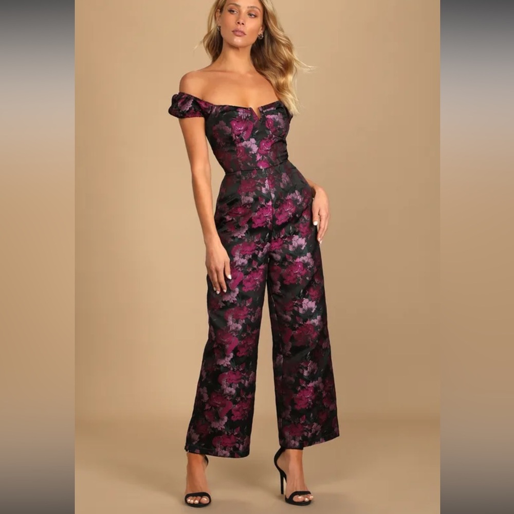 Lulus New Glam Black Floral Jacquard Bustier Off-the-Shoulder Jumpsuit‎ NWOT S